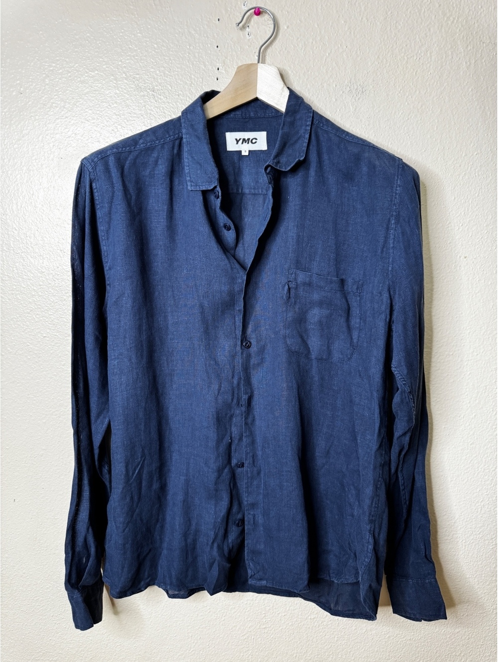 YMC You Must Create 100% Linen Button Up Shirt Men’s S Blue Long Sleeve Casual